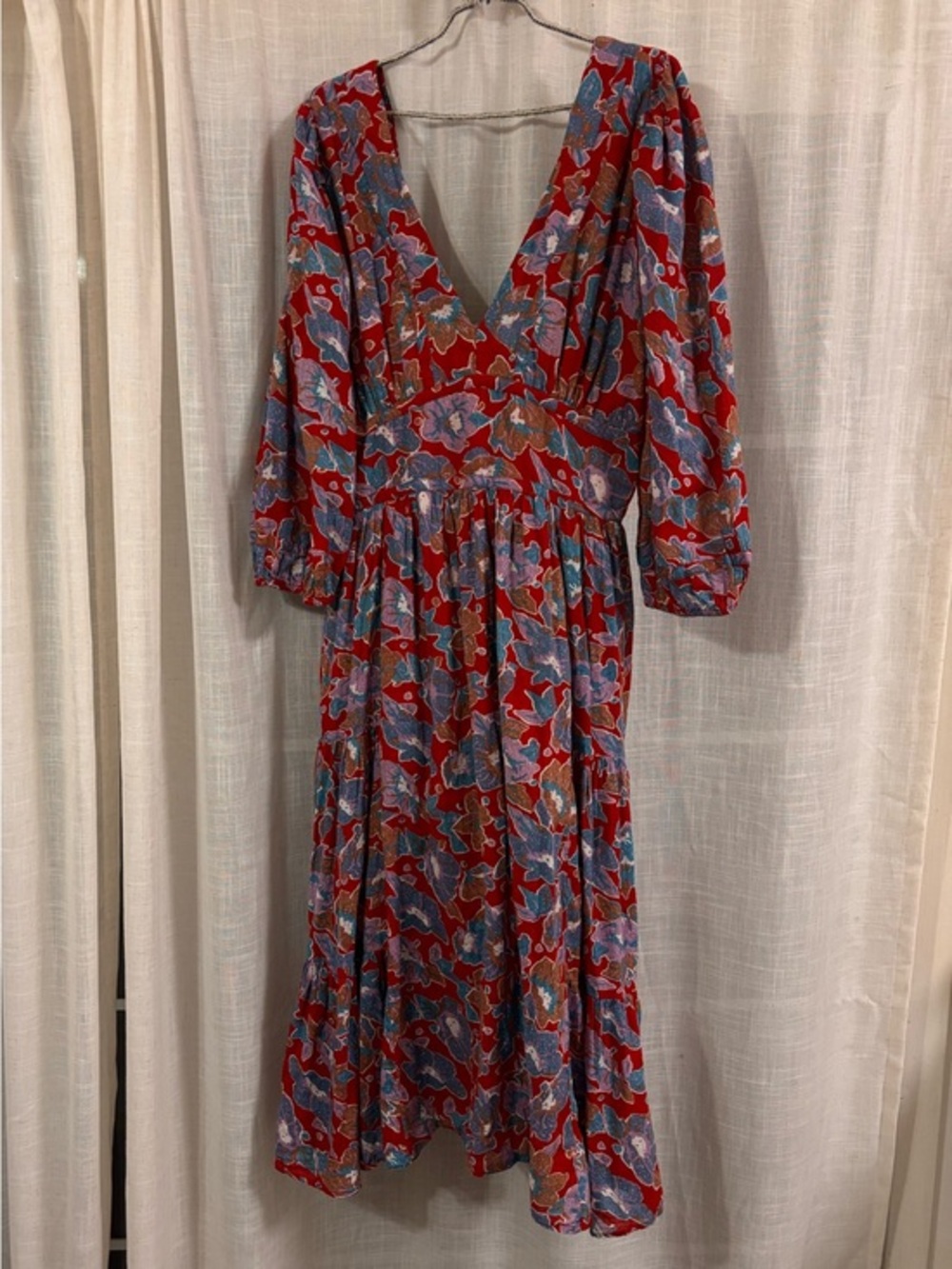Caroline Constas Frenchie Print Dress Floral Boho Cottagecore Red Blue Sz L